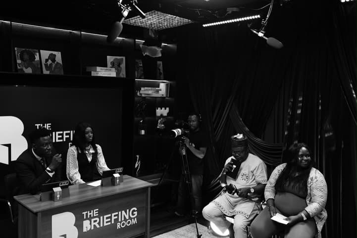 Live show production in the Living Space with hosts, guests and camera crew